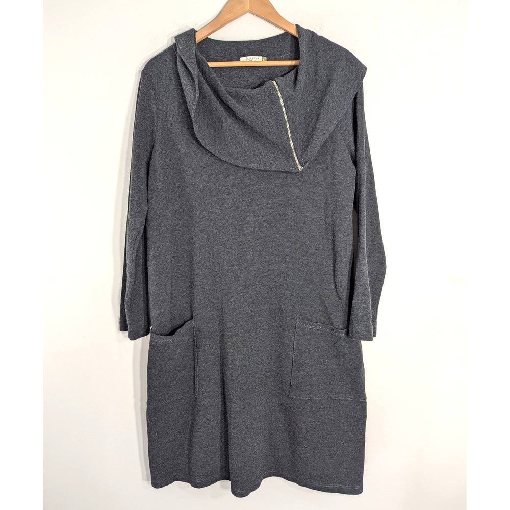 Chalet Grey Cotton Knit Dress; Asymmetrical Zip Cowl Neck Lagenlook Long Sleeve